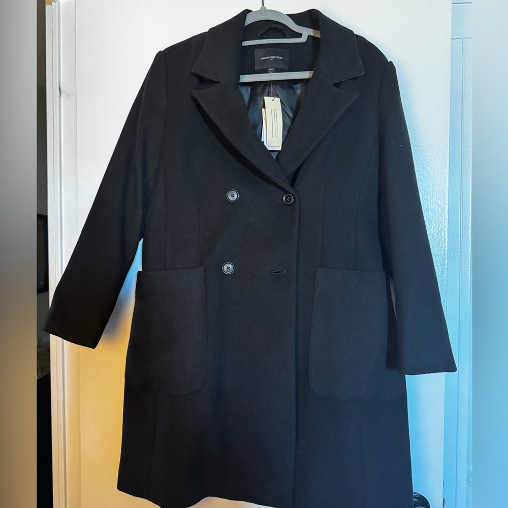 NWT Petite Banana Republic Black Double-Breasted Wool-Blend Lined Coat